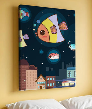 Poisson de dessin animé flottant au-dessus d'une ville nocturne avec des étoiles