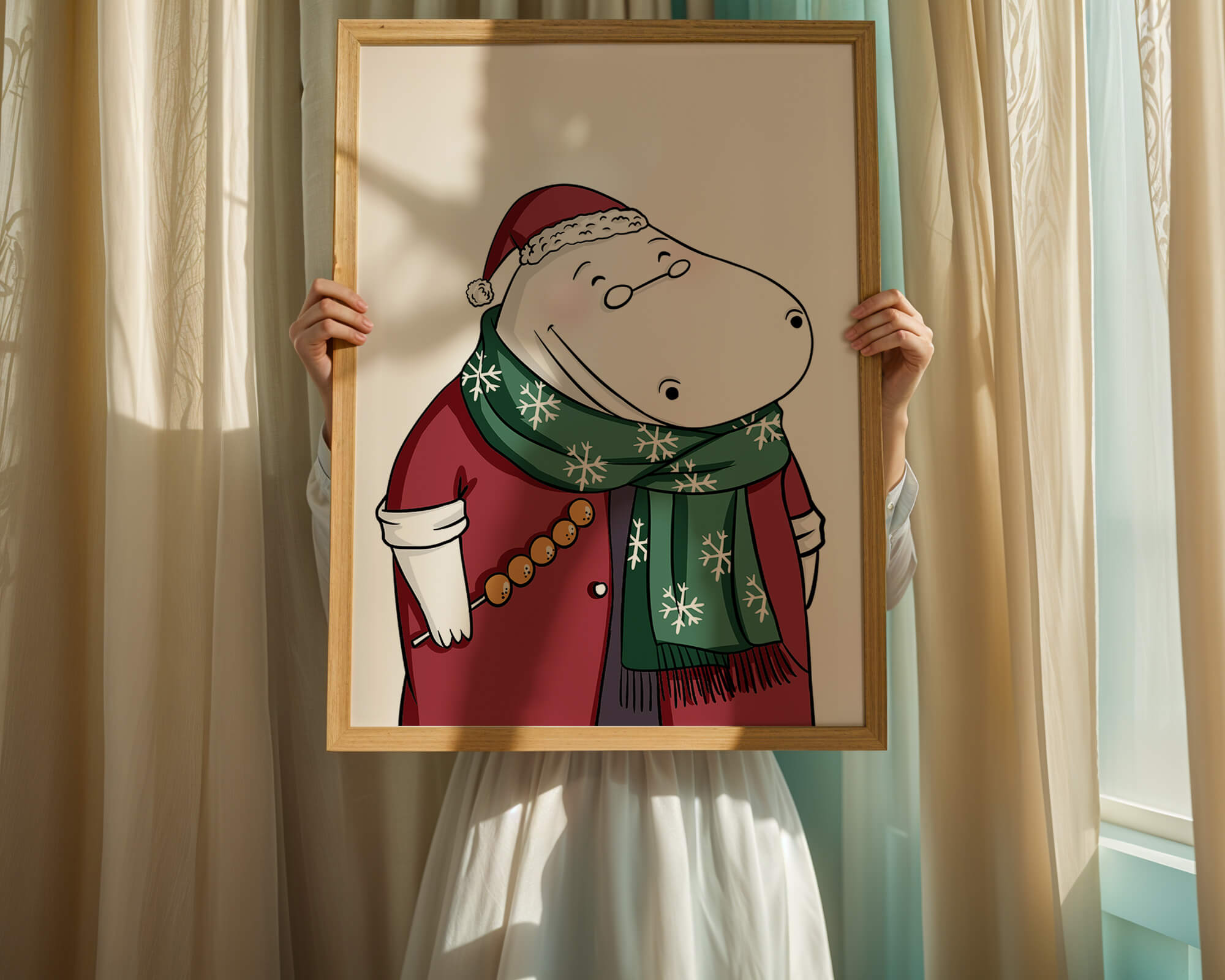 Festive hippo in a red outfit with a green snowflake scarf