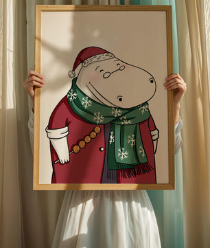Festive hippo in a red outfit with a green snowflake scarf