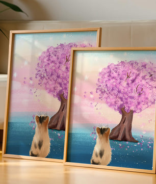 Serene scene with cat and blossoming cherry tree at sunrise
