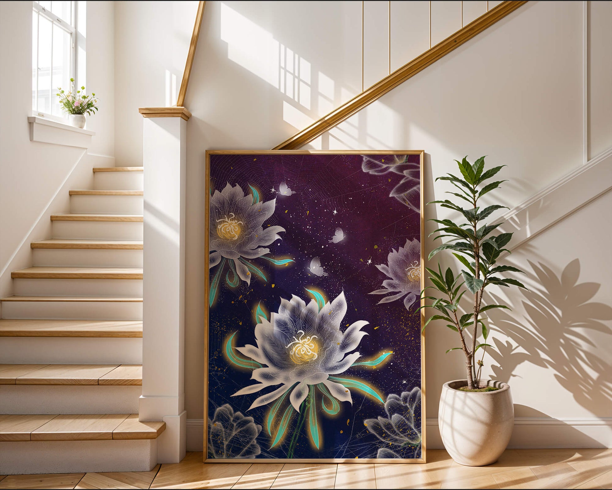 Floral Fantasy with Glowing Elements and Butterflies in Night Sky