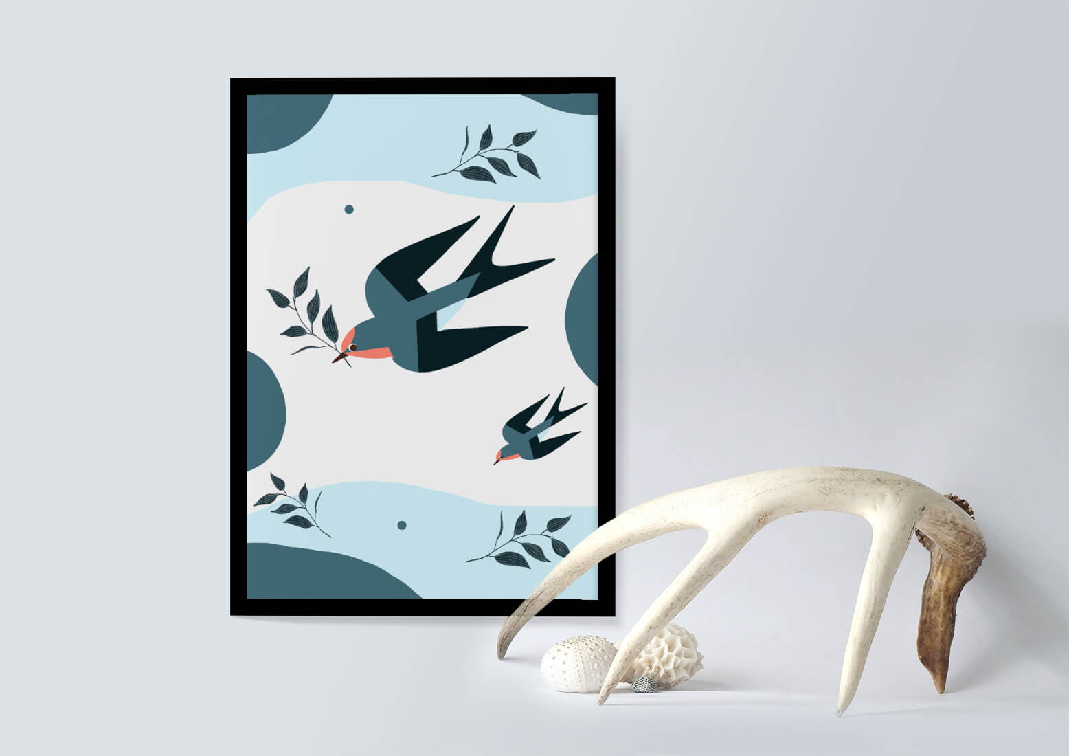 Ilustración abstracta de golondrinas con hojas y formas geométricas