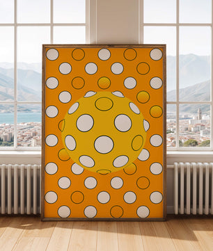 Colorful geometric pattern with white polka dots on orange background