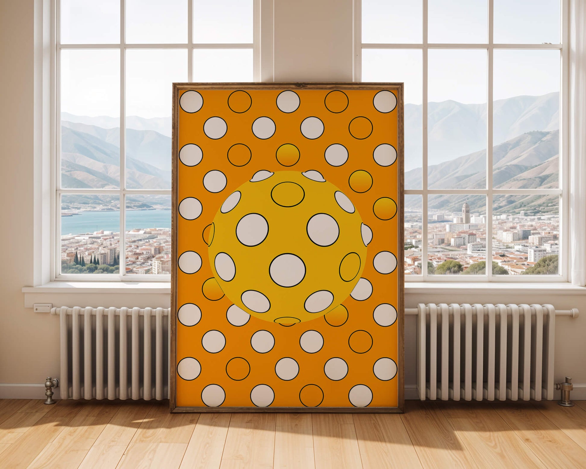 Colorful geometric pattern with white polka dots on orange background