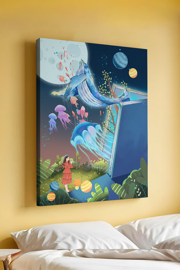 Surreal Ocean Life Emerging From a Book in a Dreamlike Forest Scene