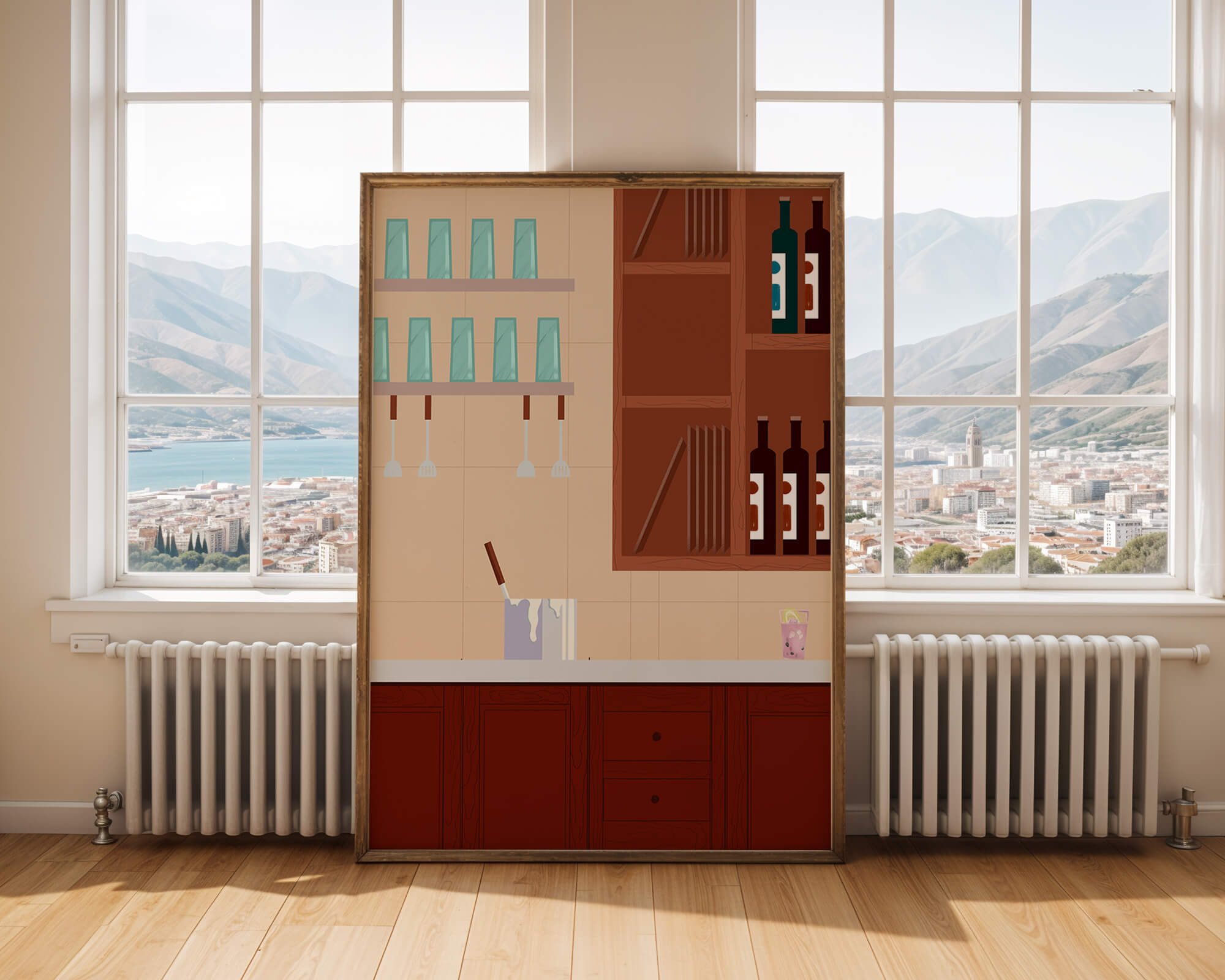 Modern kitchen interior with wooden cabinets and glass shelves