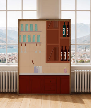Interior de cocina moderna con gabinetes de madera y estantes de vidrio