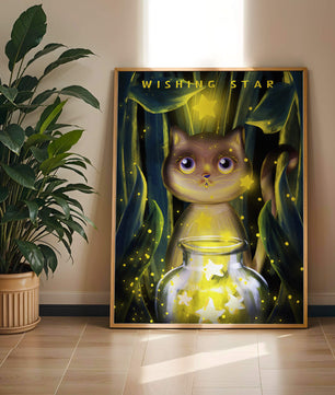 Cat under starry night in a magical forest setting
