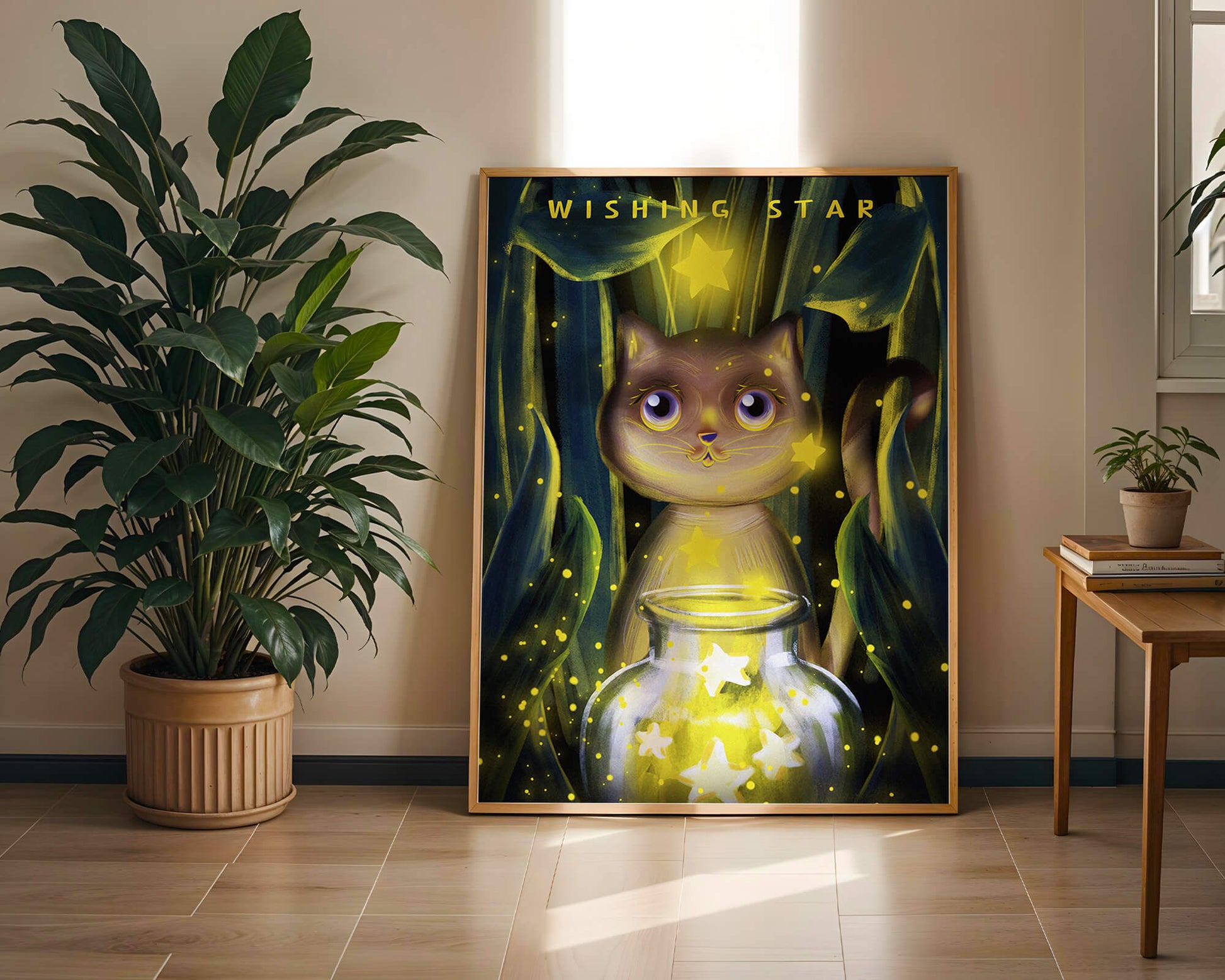 Cat under starry night in a magical forest setting