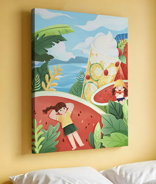 Paysage estival coloré avec des fruits tropicaux et des enfants qui se détendent