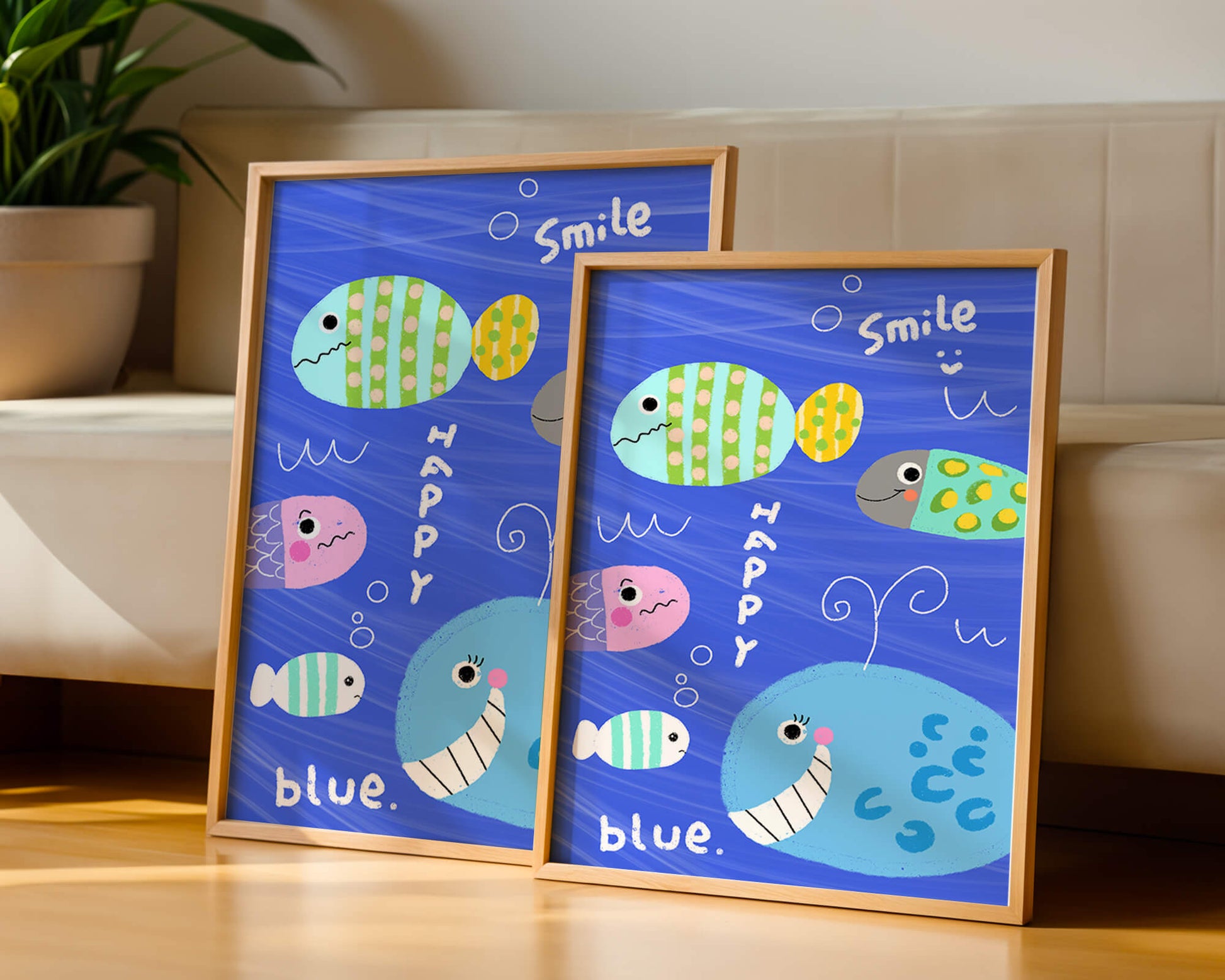 Colorful underwater scene with smiling cartoon fish