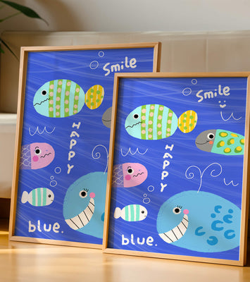 Colorful underwater scene with smiling cartoon fish