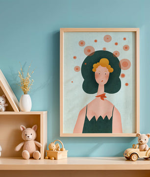 Whimsical Portrait of a Woman with Green Hair and Abstract Circles - Mi tienda