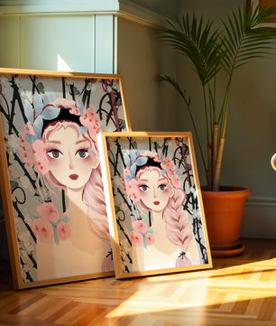Illustration of a girl with floral headpiece against abstract floral background