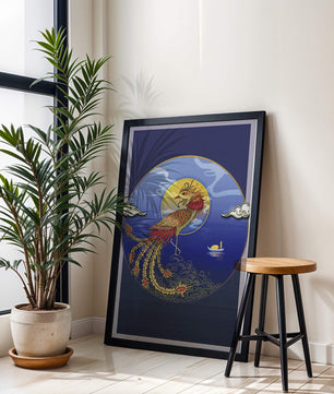Phénix doré aux plumes éclatantes dans un décor marin mystique