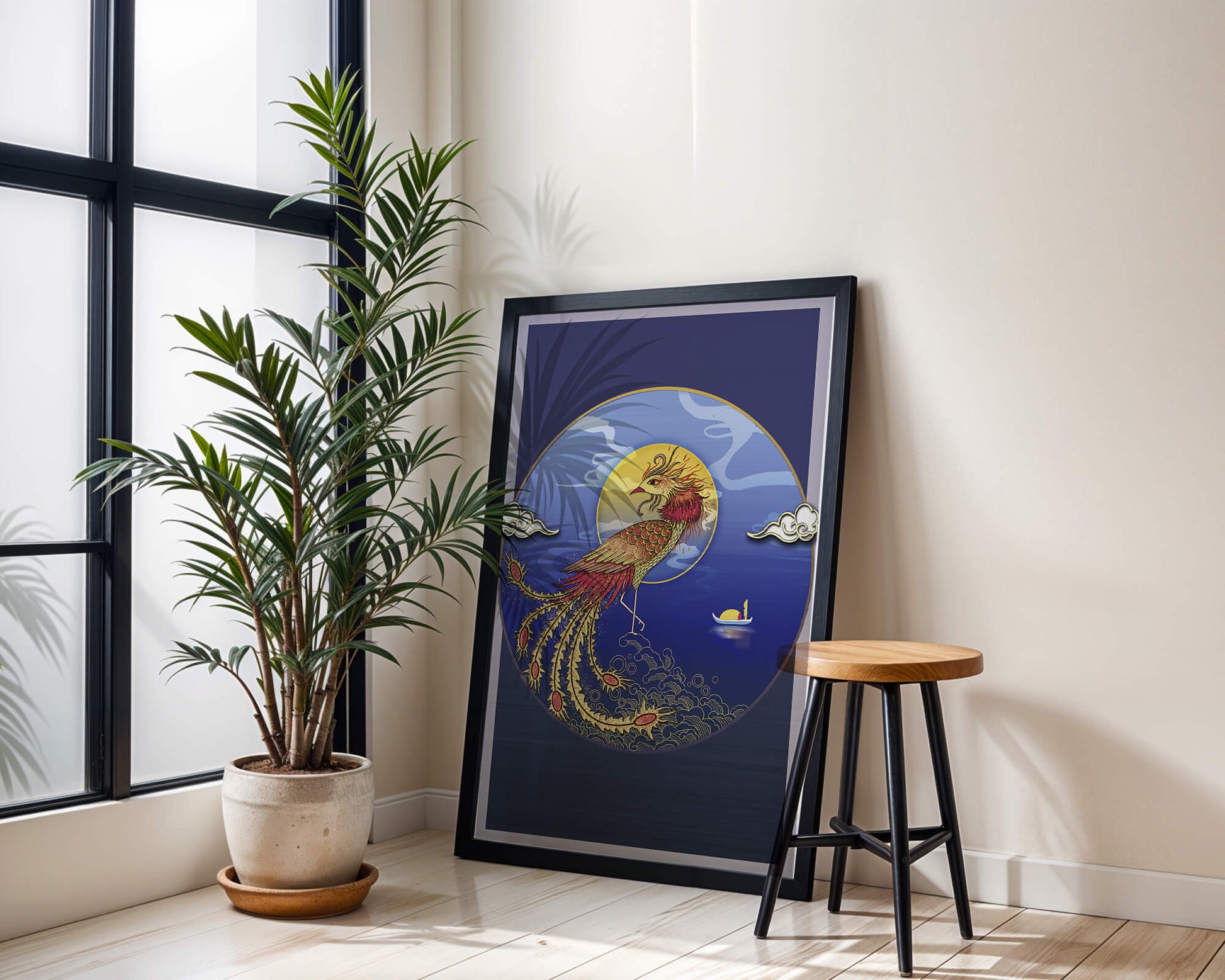 Golden Phoenix with Vibrant Feathers in Mystical Sea Setting