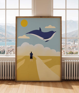 Surreal Landscape with Flying Blue Whale and Human on Desert Path