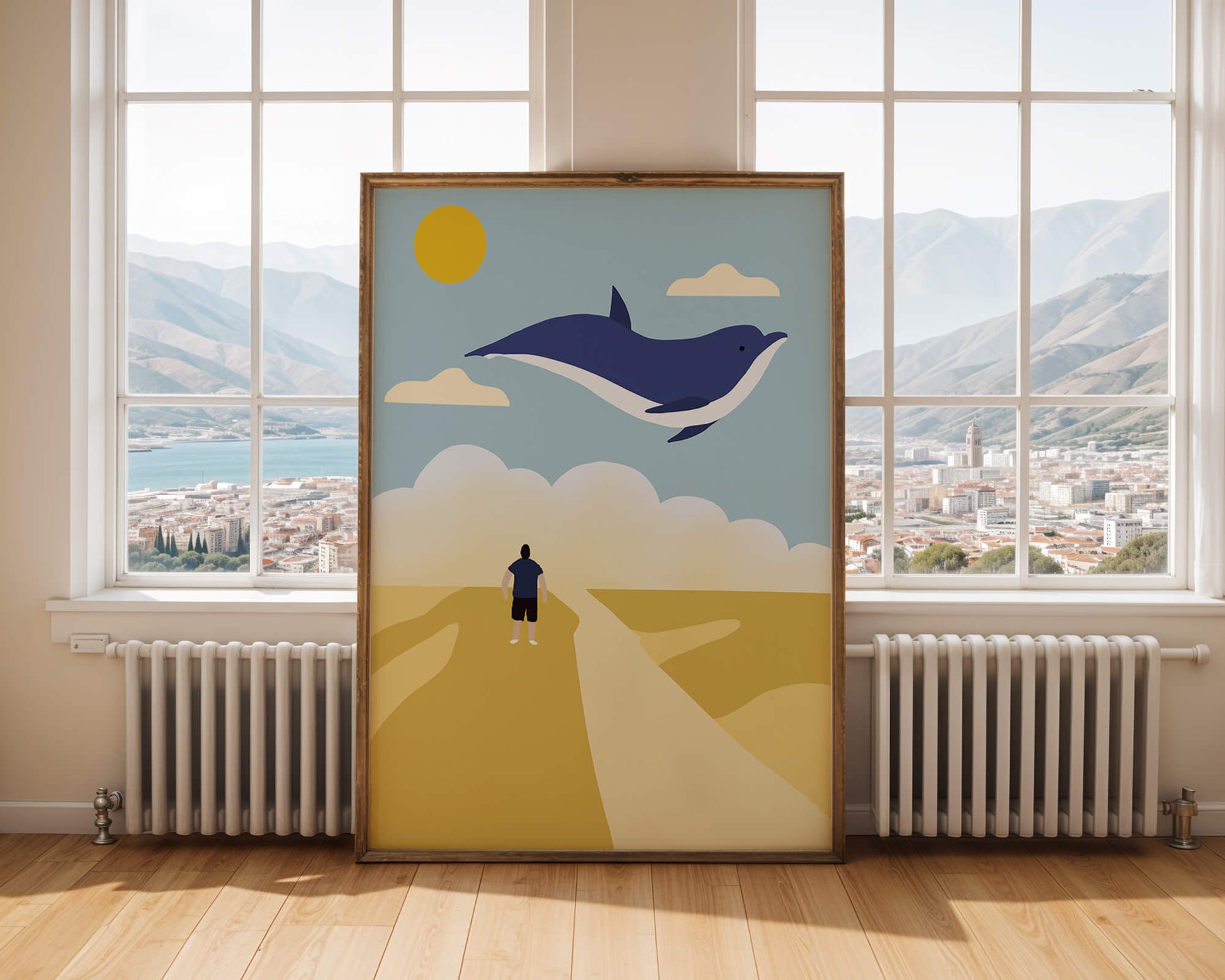 Paisaje surrealista con ballena azul voladora y humano en camino desértico