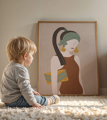 Stylized woman portrait with muted colors and geometric elements