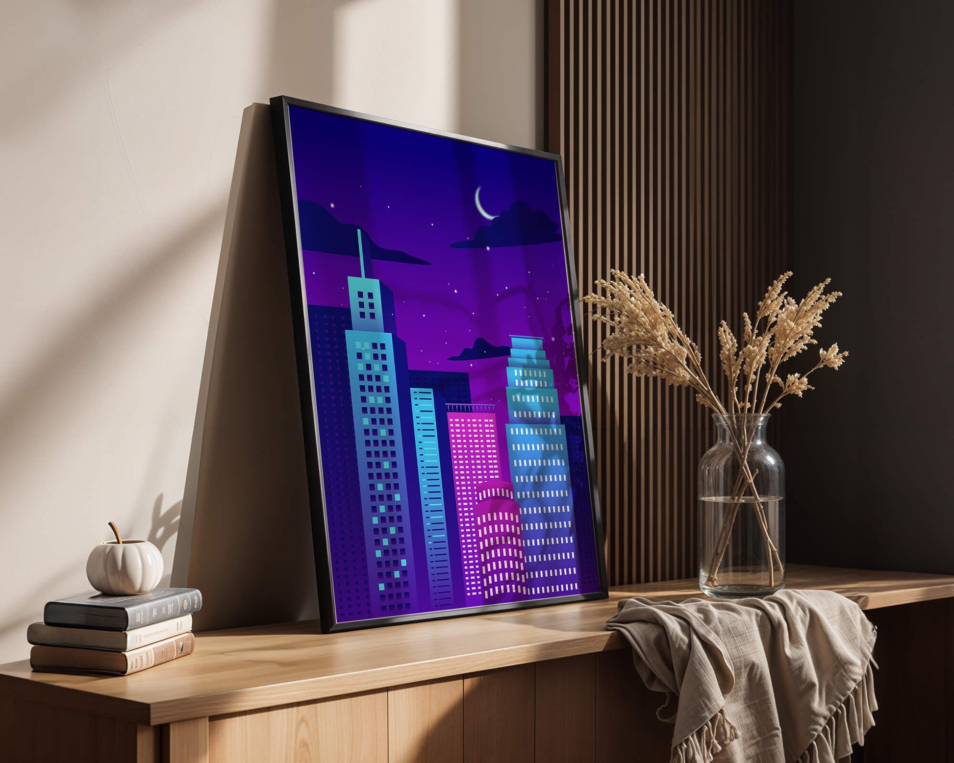 Vibrant city skyline at night with modern skyscrapers and starry sky