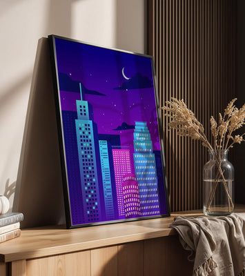 Vibrant city skyline at night with modern skyscrapers and starry sky