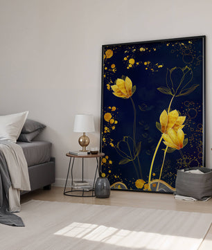 Elegant floral artwork with golden accents on deep blue background