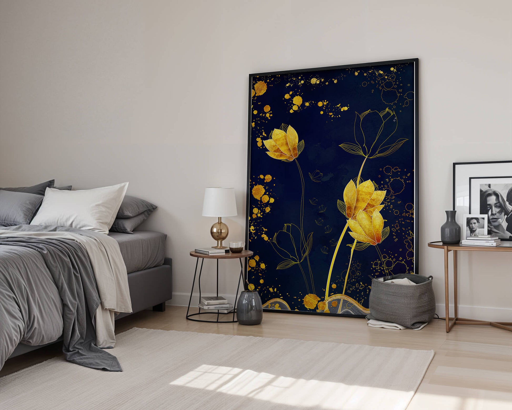 Elegant floral artwork with golden accents on deep blue background