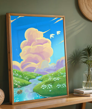 Serene landscape with rolling hills, stream, and vibrant sky