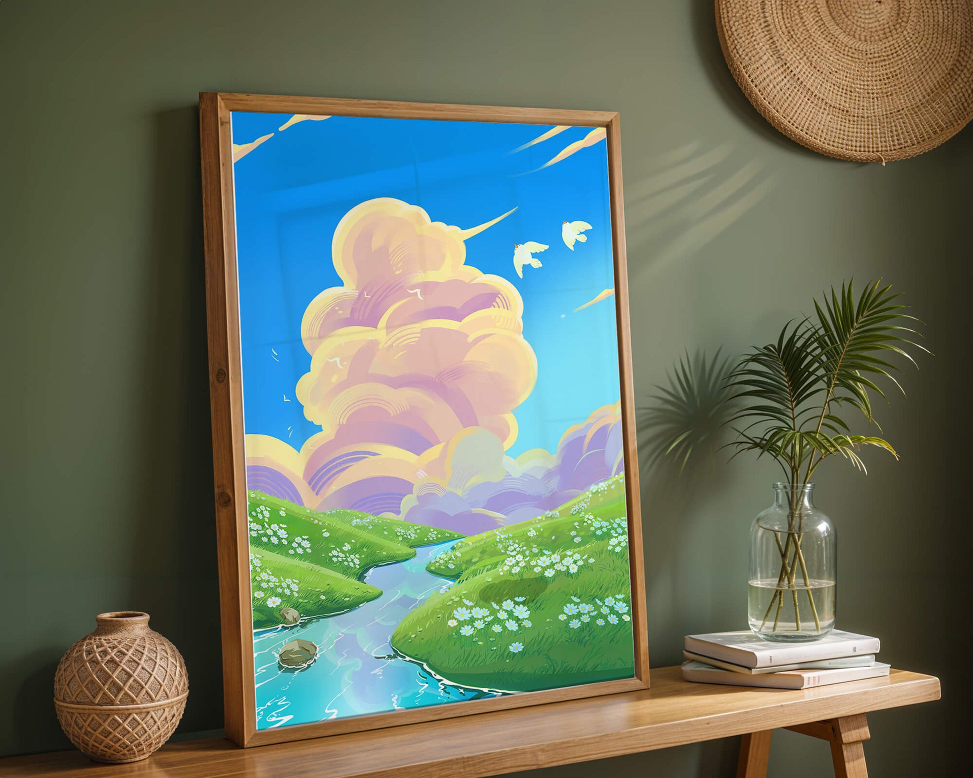 Serene landscape with rolling hills, stream, and vibrant sky