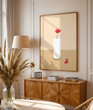 Minimalist Red Flower in White Vase on Beige Background - Mi tienda