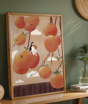 Whimsical illustration of girl with giant oranges and branches