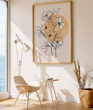 Ilustración floral minimalista con tonos pastel y fondos abstractos