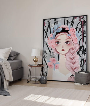 Ilustración caprichosa de una chica con cabello rosa y corona floral