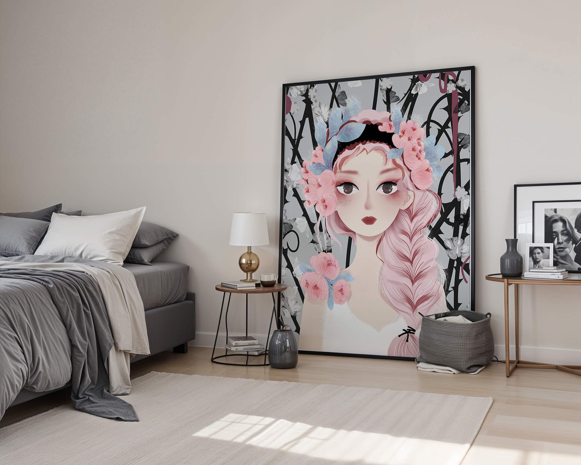 Whimsical illustration of a girl with pink hair and floral crown