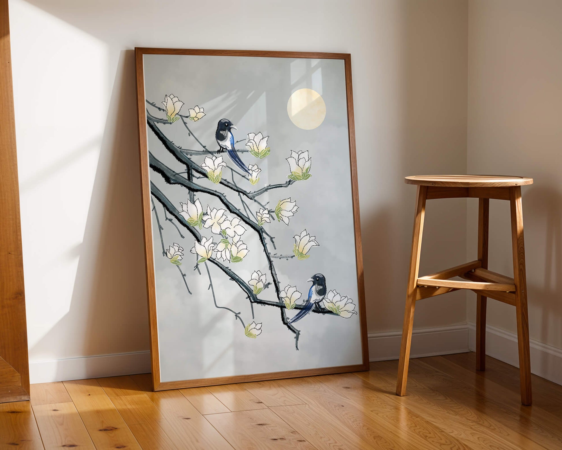 Birds on blossoming branches under a serene moonlit sky