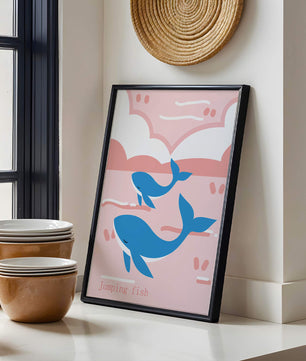 Playful whales illustration in pastel pink and blue