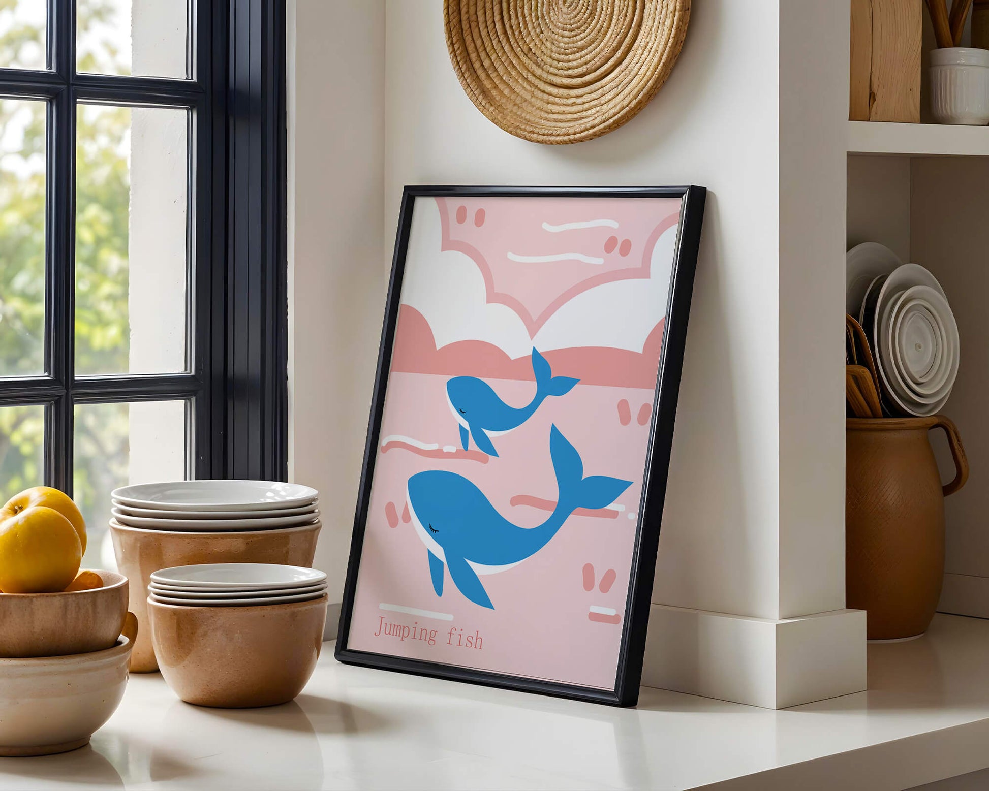 Playful whales illustration in pastel pink and blue