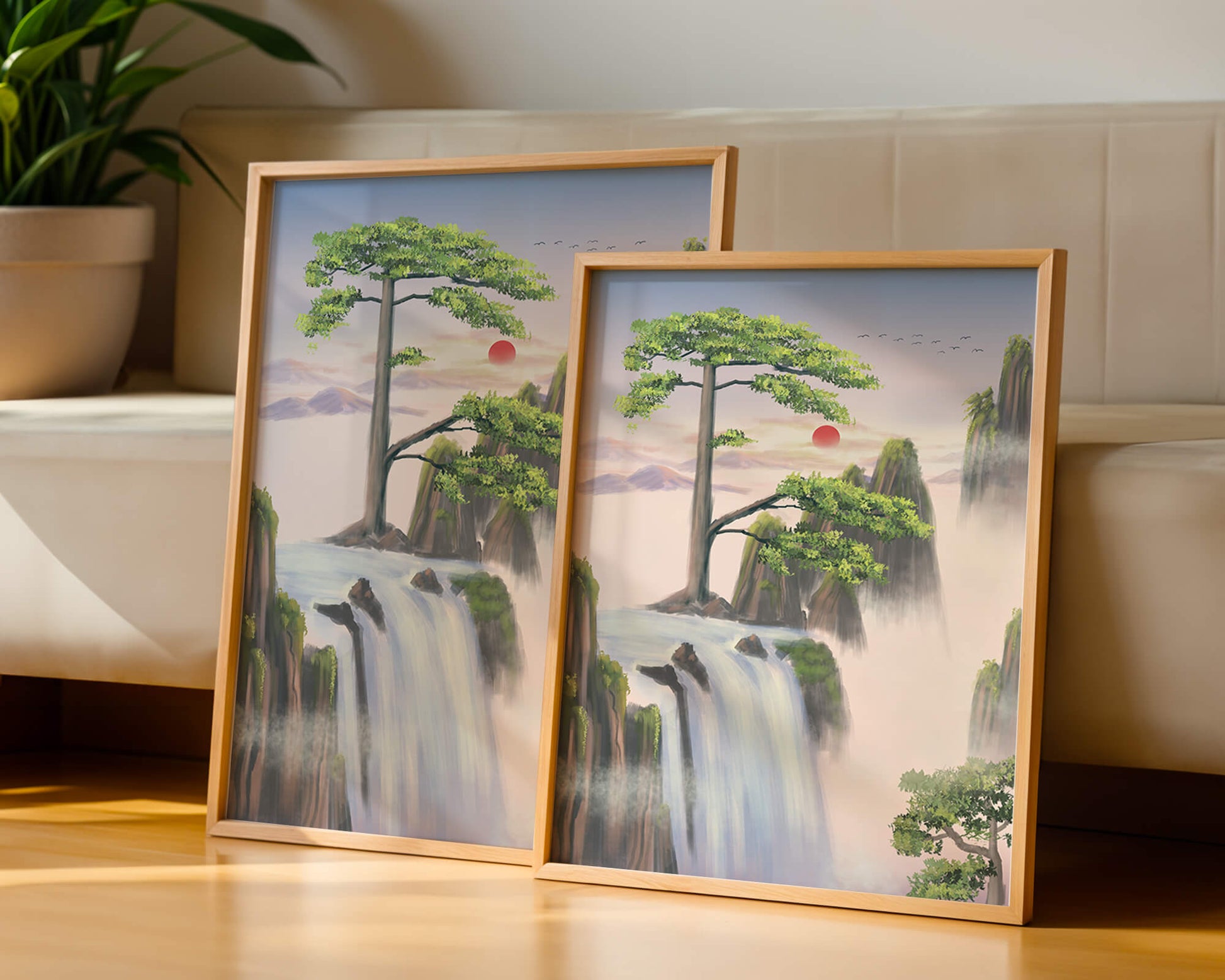 Serene landscape with flowing waterfall and sunrise