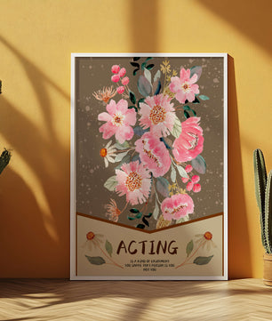 Ilustración acuarela floral con texto motivacional sobre un fondo marrón punteado