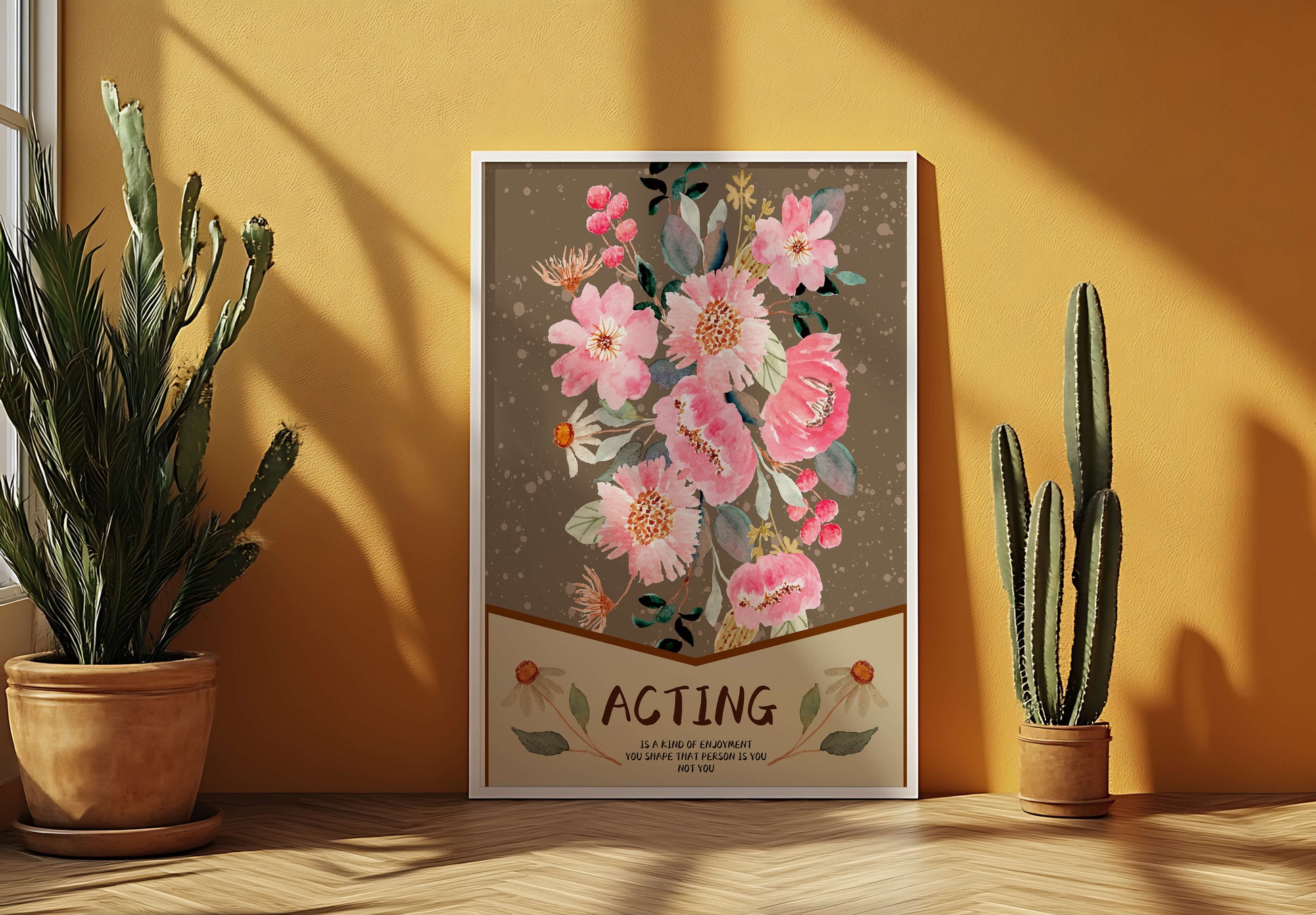 Floral watercolor illustration with motivational text on a brown dotted background