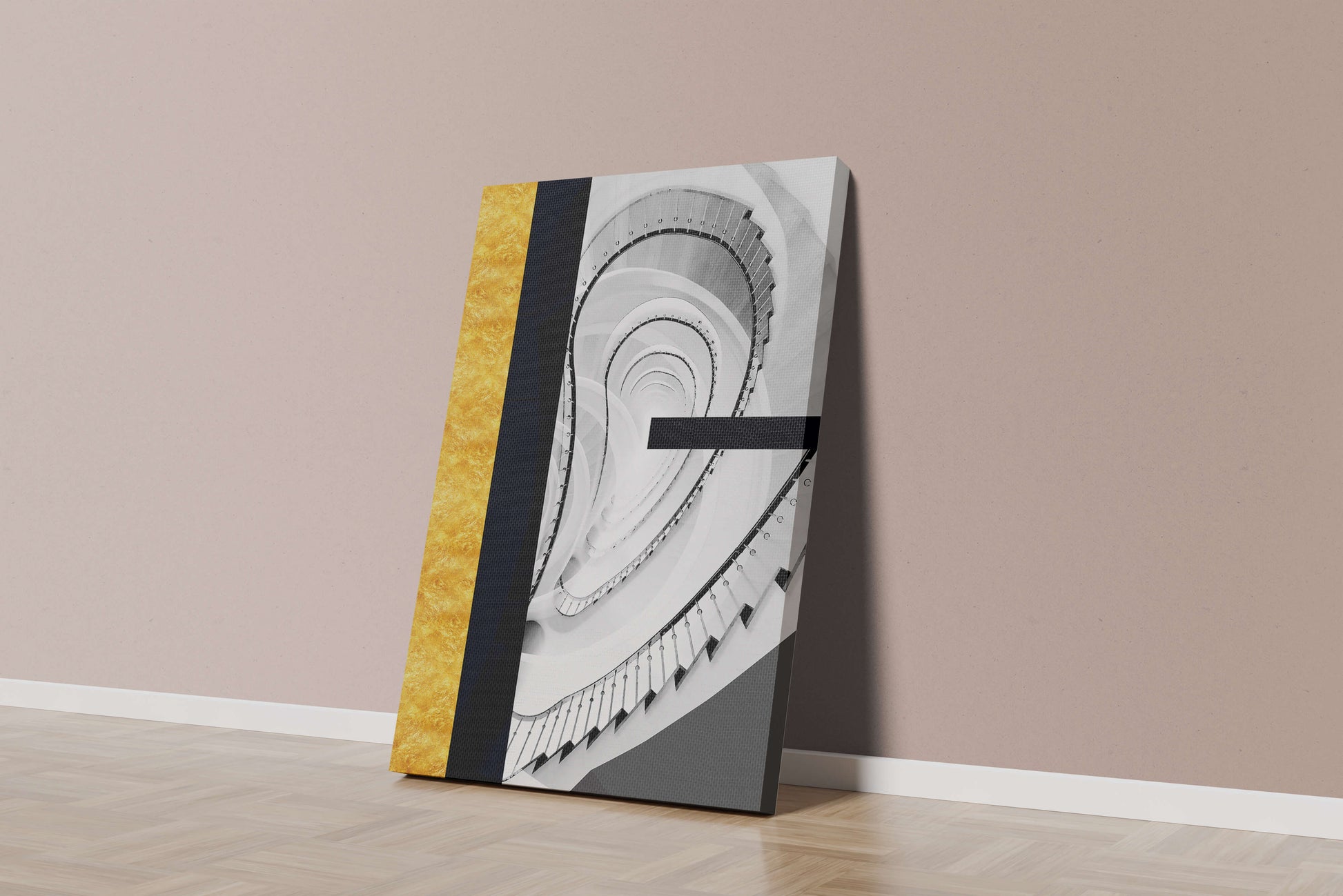 Abstract spiral staircase with a gold accent design