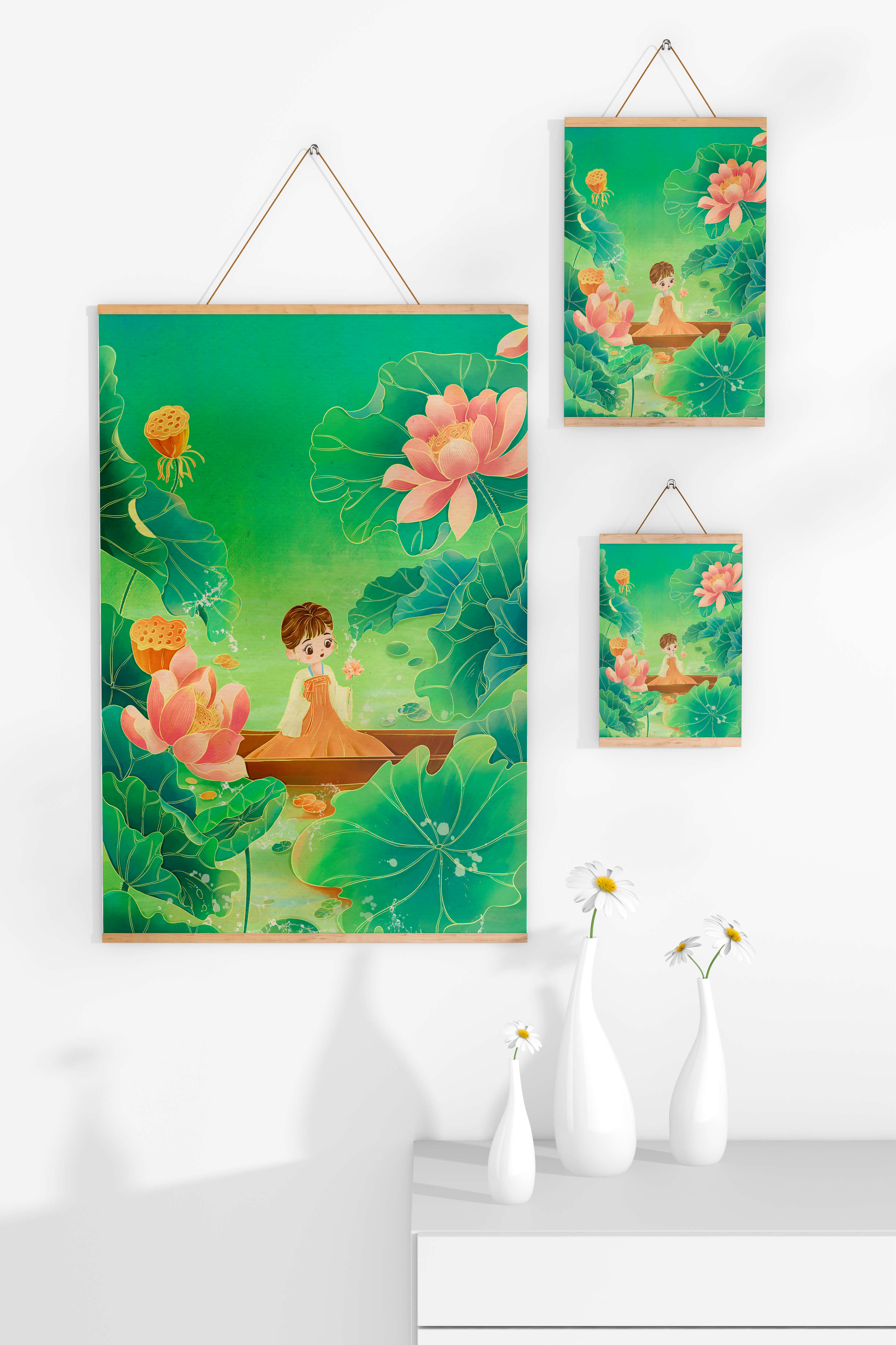 Serene illustration with girl among lotus flowers and green leaves