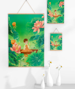 Serene illustration with girl among lotus flowers and green leaves