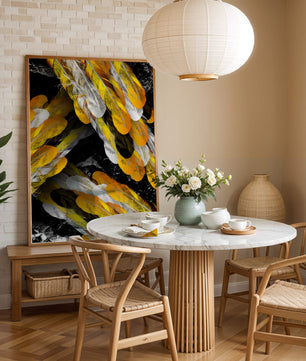 Abstract Composition with Yellow and White Feathers on a Black Background - Mi tienda