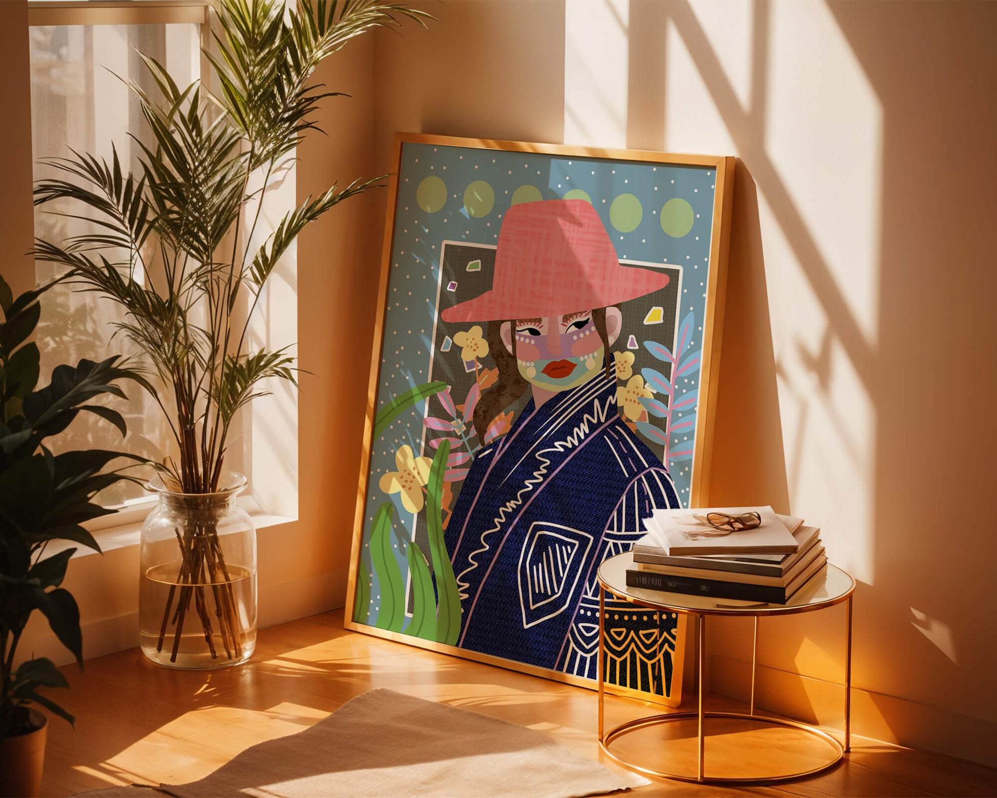 Retrato colorido con patrones y elementos abstractos