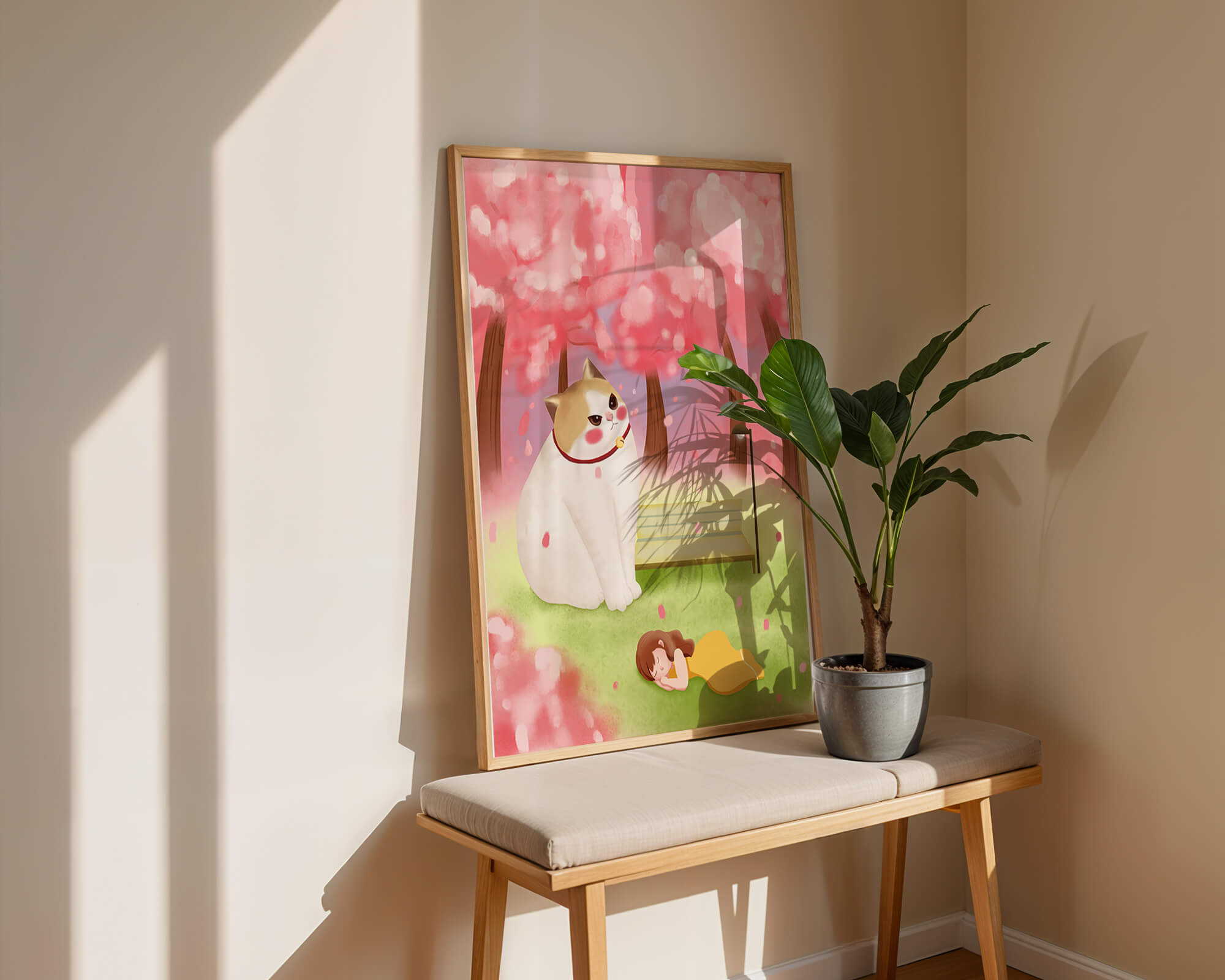 Whimsical scene with giant cat and girl under cherry blossoms