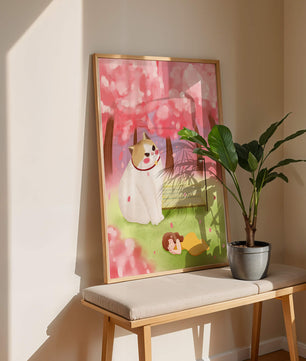 Whimsical scene with giant cat and girl under cherry blossoms