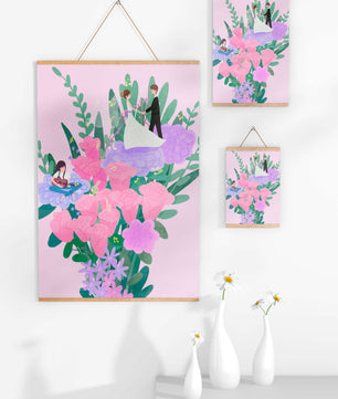 Whimsical wedding scene amidst colorful floral arrangement