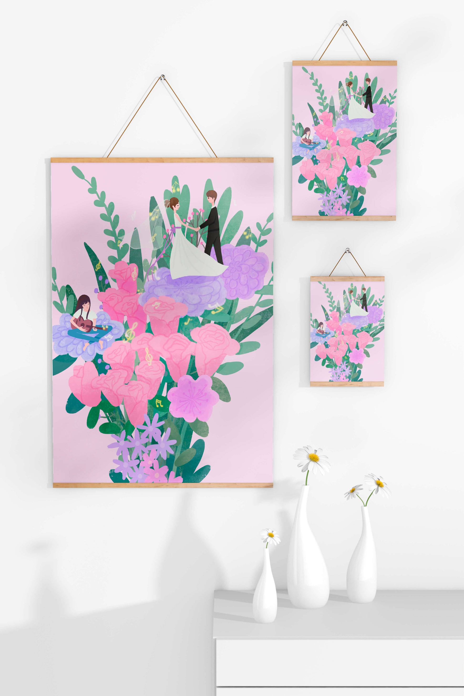 Whimsical wedding scene amidst colorful floral arrangement