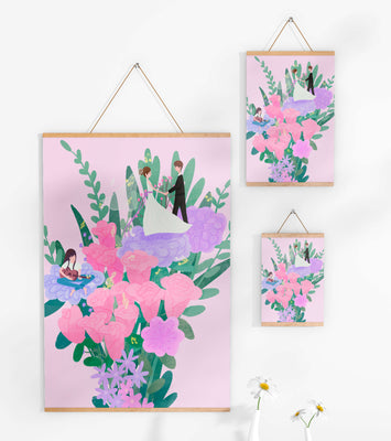 Whimsical wedding scene amidst colorful floral arrangement